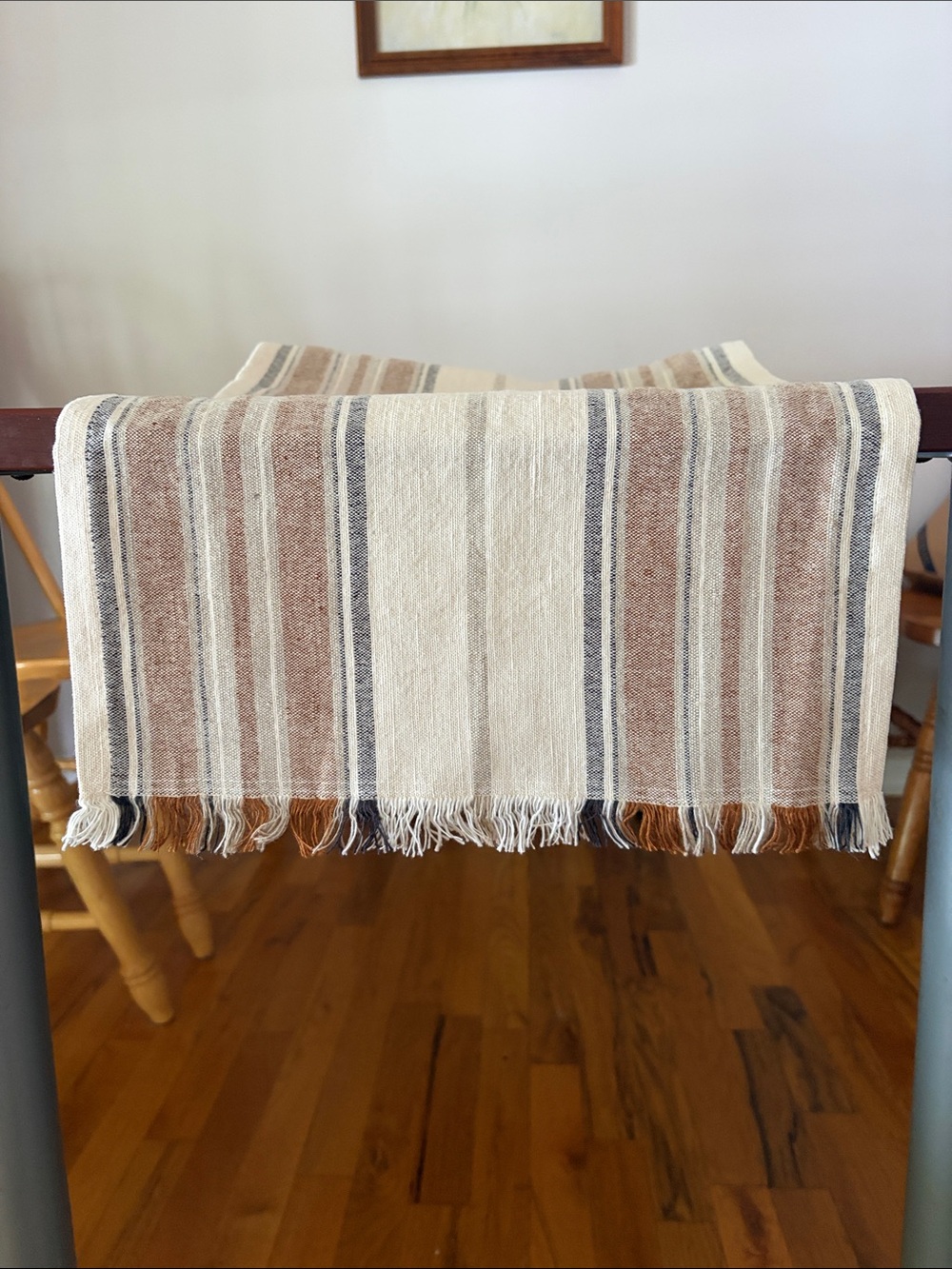 Neutral Striped Table Runner with Fringe Farmhouse Rustic Dining Décor - Picture 4 of 7